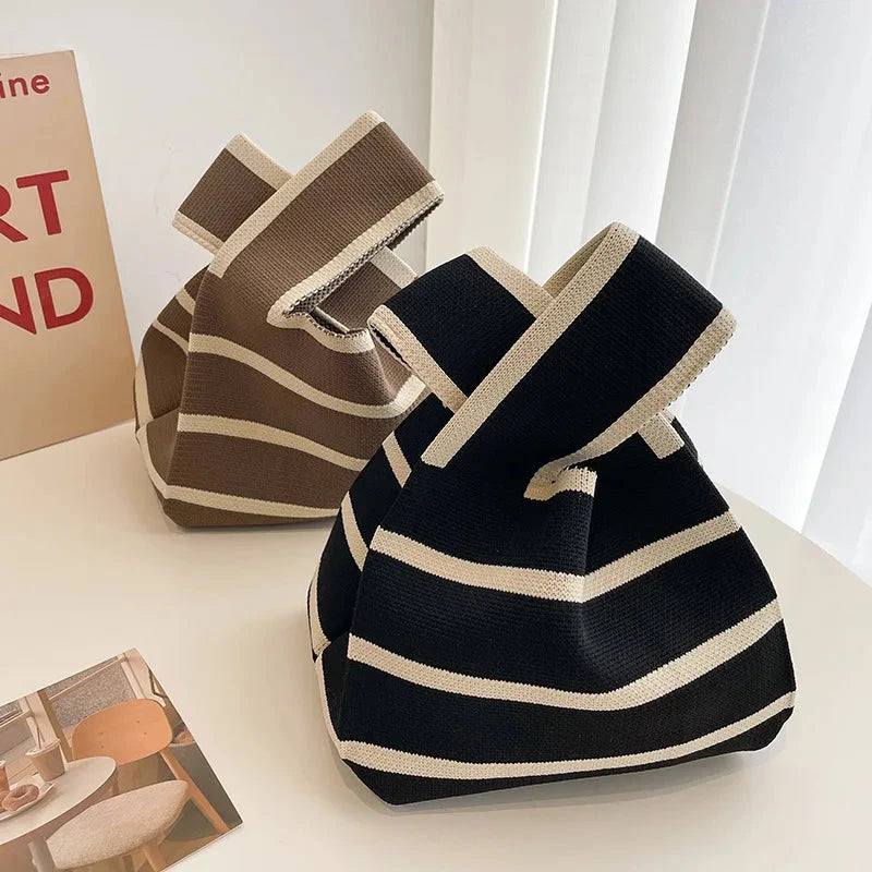 Women Handmade Knitted Small Handbag Casual Wrist Bag Wide Stripe Stripe Shopper Mini Tote Student Reusable Shoulder Bag Econic Blanks