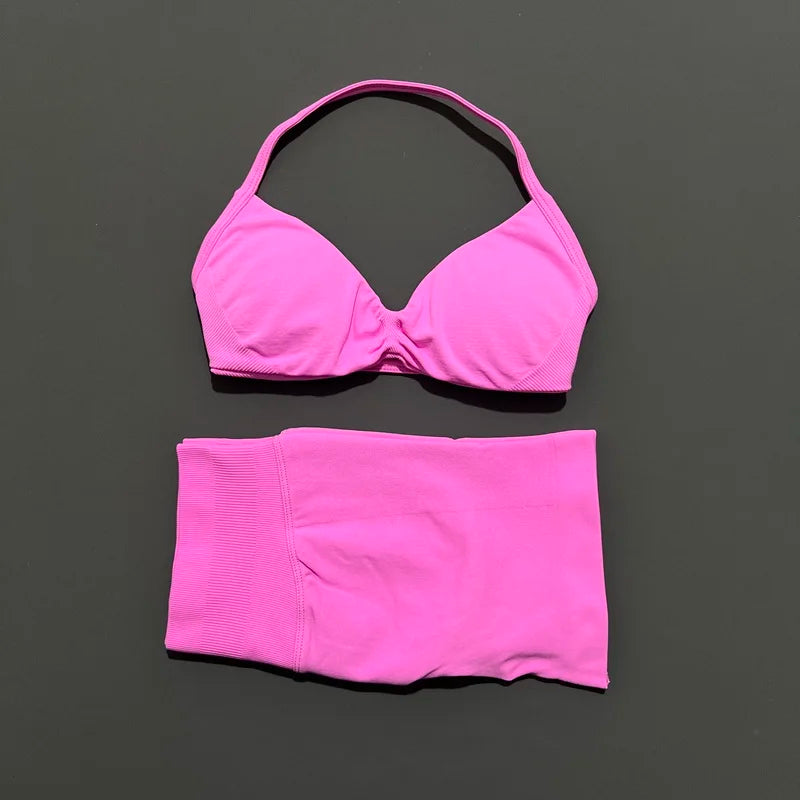 HISTELLO Gym Set 2 Piece Women Strappy Yoga Bra Top Workout Scrunch Shorts Sports Suit Fitness Clothes Seamless Yoga Set Quick Pick Grocers