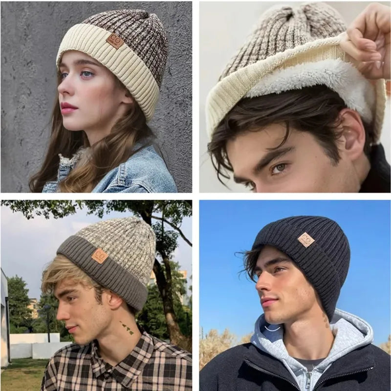 New Unisex Two-Tone Winter Hats Add Fur Lined Men And Women Fashion Warm Beanie Cap Casual Winter Knitted Hats Purest Peak