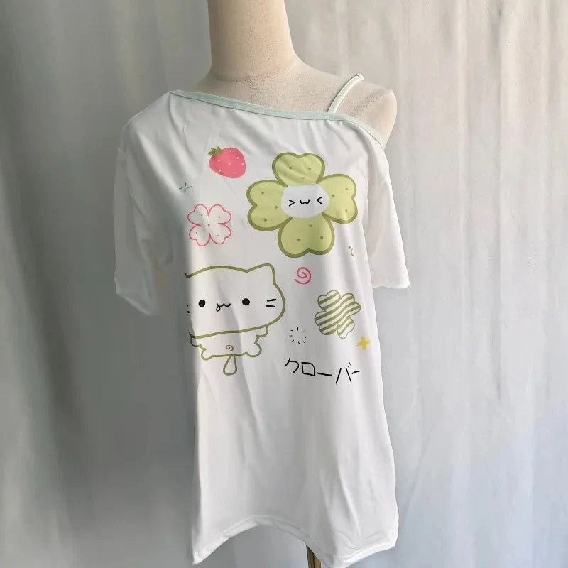 Ezgaga Harajuku T Shirts Women Cartoon Sweet Diagonal Collar Short Sleeve Off Shoulder Funny Tops Female Y2k Ladies Tshirts Quick Pick Grocers