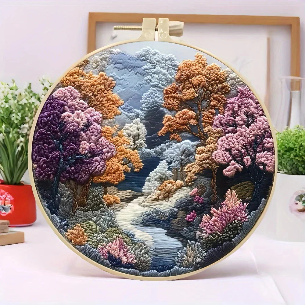 Beginners Hand Embroidery Kit - Mountain and Moon Landscape, Mixed Colors, Fabric Included - Perfect Handmade Gift Econic Blanks