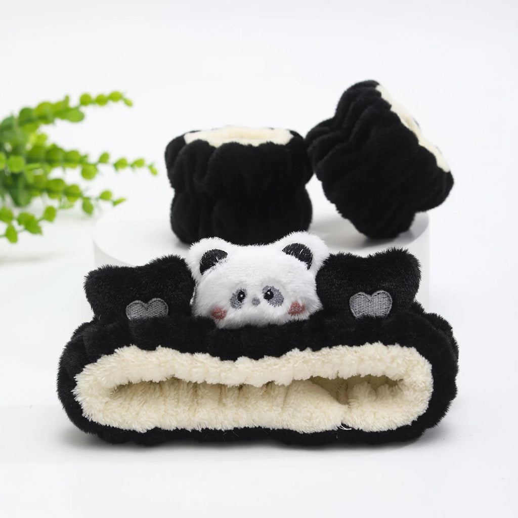 3pcs Wash Face Headband Soft Comfortable Plush Headband Wrist Strap Set For Girls Cartoon Cat Ear Shaped Wash Up Headband Kit Econic Blanks