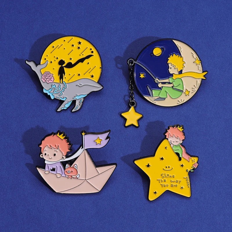 Cartoon Boy Fox Rose Enamel Pins Moon Star Whale Paper Boat Brooch Lapel Hat Bag Badge Jewelry Accessories Gift for Kids Friends Quick Pick Grocers
