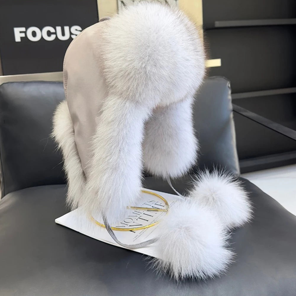 2025 100% Real Fox Fur Hats Women's Russian Ushanka Aviator Trapper Snow Skiing Hat Caps Earflap Winter Raccoon Fur Bomber Hat Purest Peak