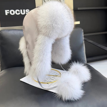 2025 100% Real Fox Fur Hats Women's Russian Ushanka Aviator Trapper Snow Skiing Hat Caps Earflap Winter Raccoon Fur Bomber Hat Purest Peak