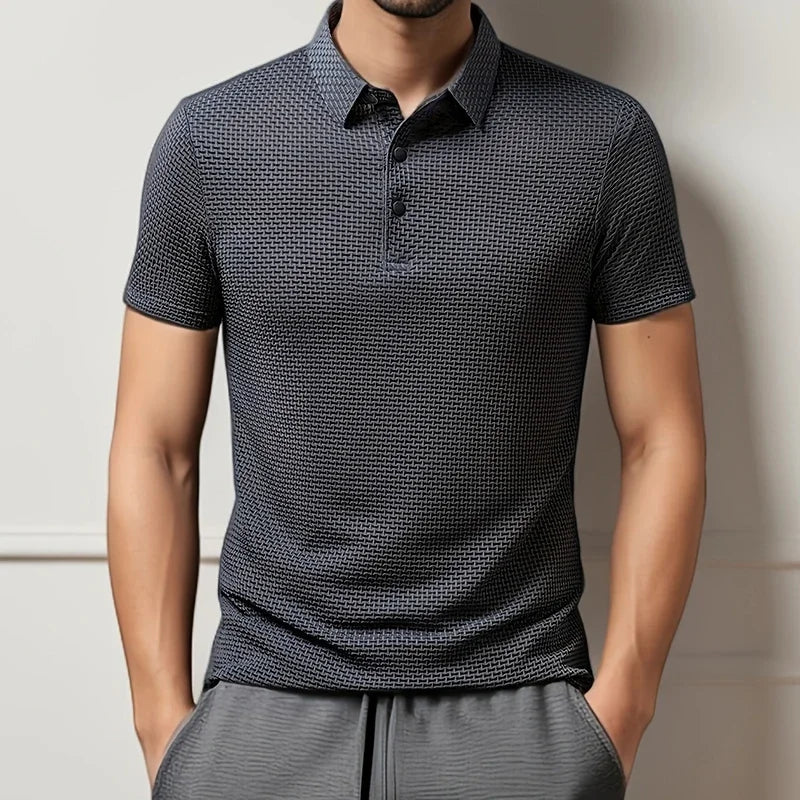 New Men's Business Casual Short Sleeved Bone Flower Solid Color POLO Shirt Fashion Breathable Comfortable Summer Versatile Top Quick Pick Grocers