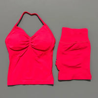 HISTELLO 2 Pieces Sports Set Women Yoga Longline Strap Top Scrunch Seamless Shorts Sport Gym Set Sportswear Workout Fitness Set Quick Pick Grocers