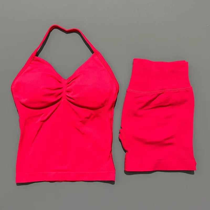 HISTELLO 2 Pieces Sports Set Women Yoga Longline Strap Top Scrunch Seamless Shorts Sport Gym Set Sportswear Workout Fitness Set Quick Pick Grocers
