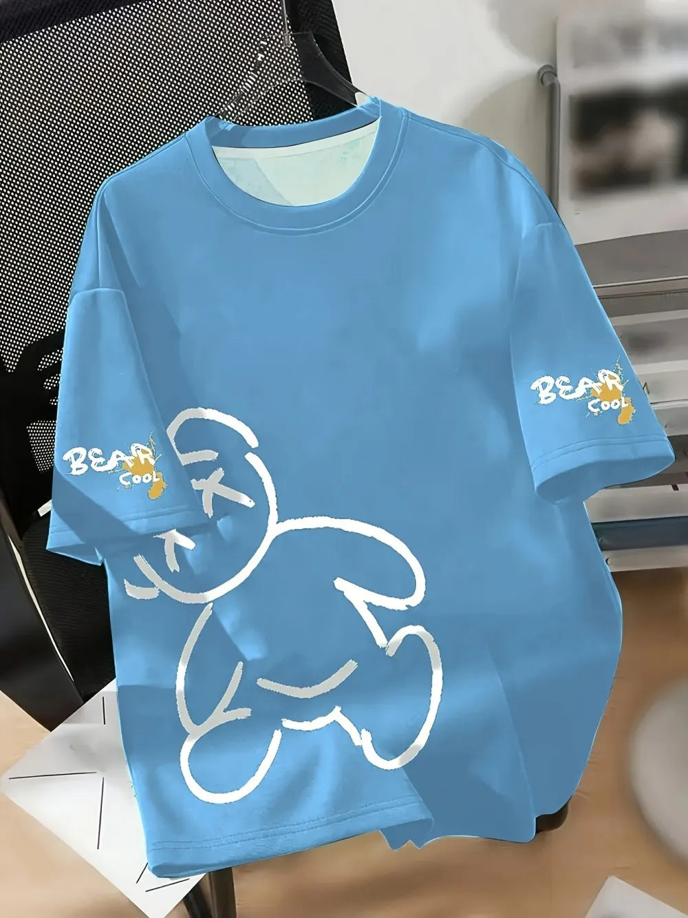 Summer men's round neck breathable T-shirt with cartoon bear print pattern suitable for daily and weekend gifting to friends Quick Pick Grocers