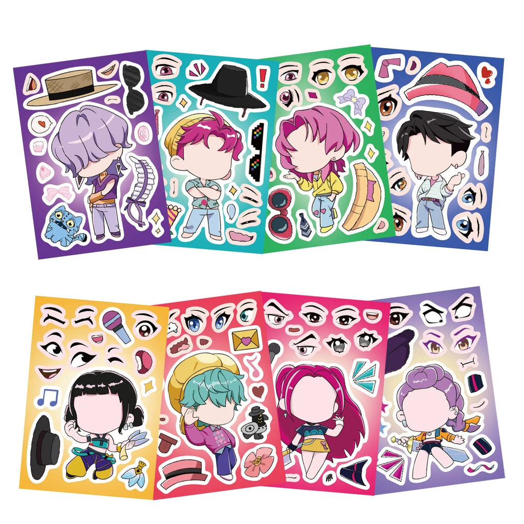 8Sheets Children DIY Puzzle Sticker Games K-POP DEMON HUNTERS Make A Face Funny Assemble Jigsaw Stickers Kids Educational Toys Purest Peak Salt