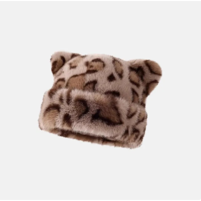 Leopard print plush teddy bear hat for women, sweet and cute, thick and warm, retro and versatile, hooded beanie. Purest Peak