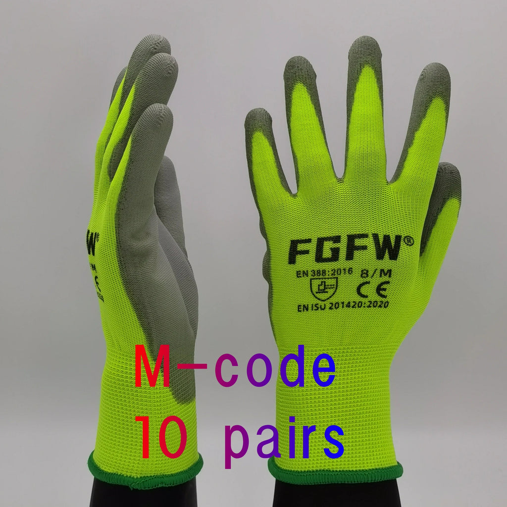 10 Pairs PU Coated Work Gloves - Lightweight, Durable Safety Gloves EN 388/ISO20471 Certified, Sizes S/M/L/XL Quick Pick Grocers