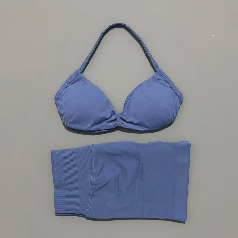 HISTELLO Gym Set 2 Piece Women Strappy Yoga Bra Top Workout Scrunch Shorts Sports Suit Fitness Clothes Seamless Yoga Set Quick Pick Grocers