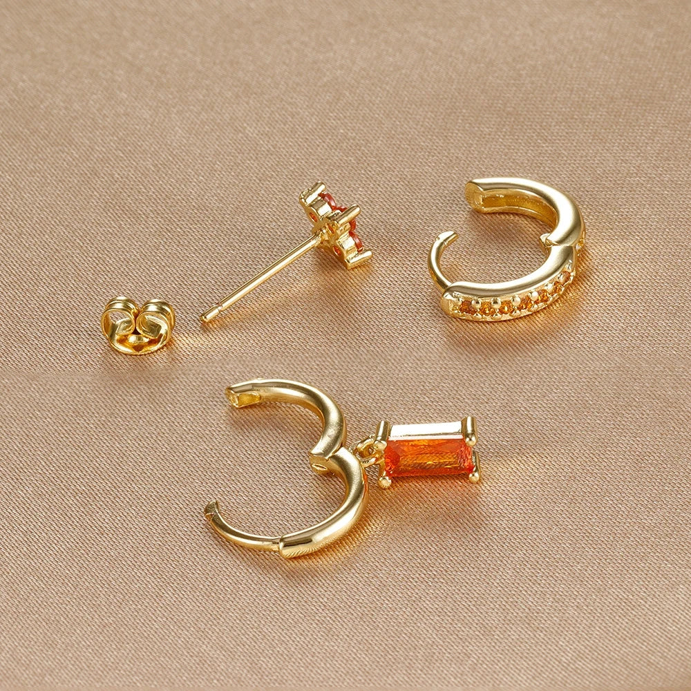3PCS Fashion Orange Blue Zircon Hanging Earrings Set for Women Stainless Steel Flower Dangle Earring Piercing Jewelry Econic Blanks