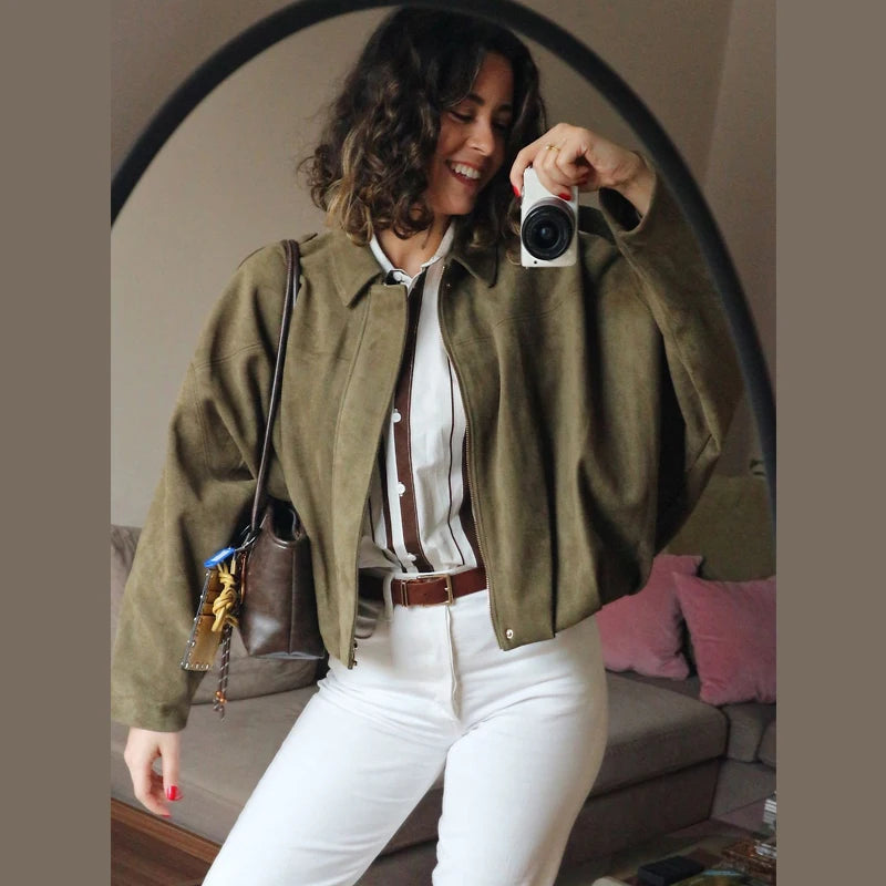 HXAO Women's Bomber Jacket Lapel Long Sleeve Zipper Suede Jacket Women 2025 High Street Cropped Racing Jackets Coats Outerwears Econic Blanks