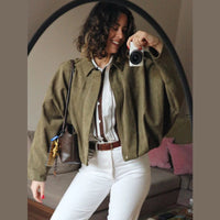 HXAO Women's Bomber Jacket Lapel Long Sleeve Zipper Suede Jacket Women 2025 High Street Cropped Racing Jackets Coats Outerwears Econic Blanks