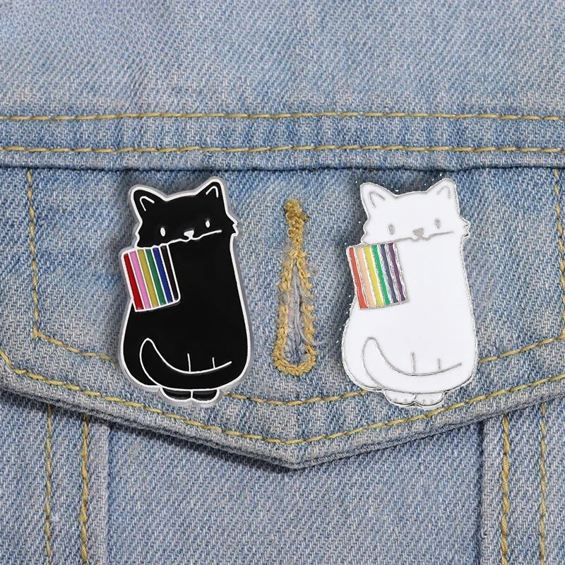 Rainbow Flag LGBT Enamel Pins Cute Black White Cat Pride Brooches Lapel Badges Cartoon Animal Jewelry Gifts for Lovers Friends Quick Pick Grocers
