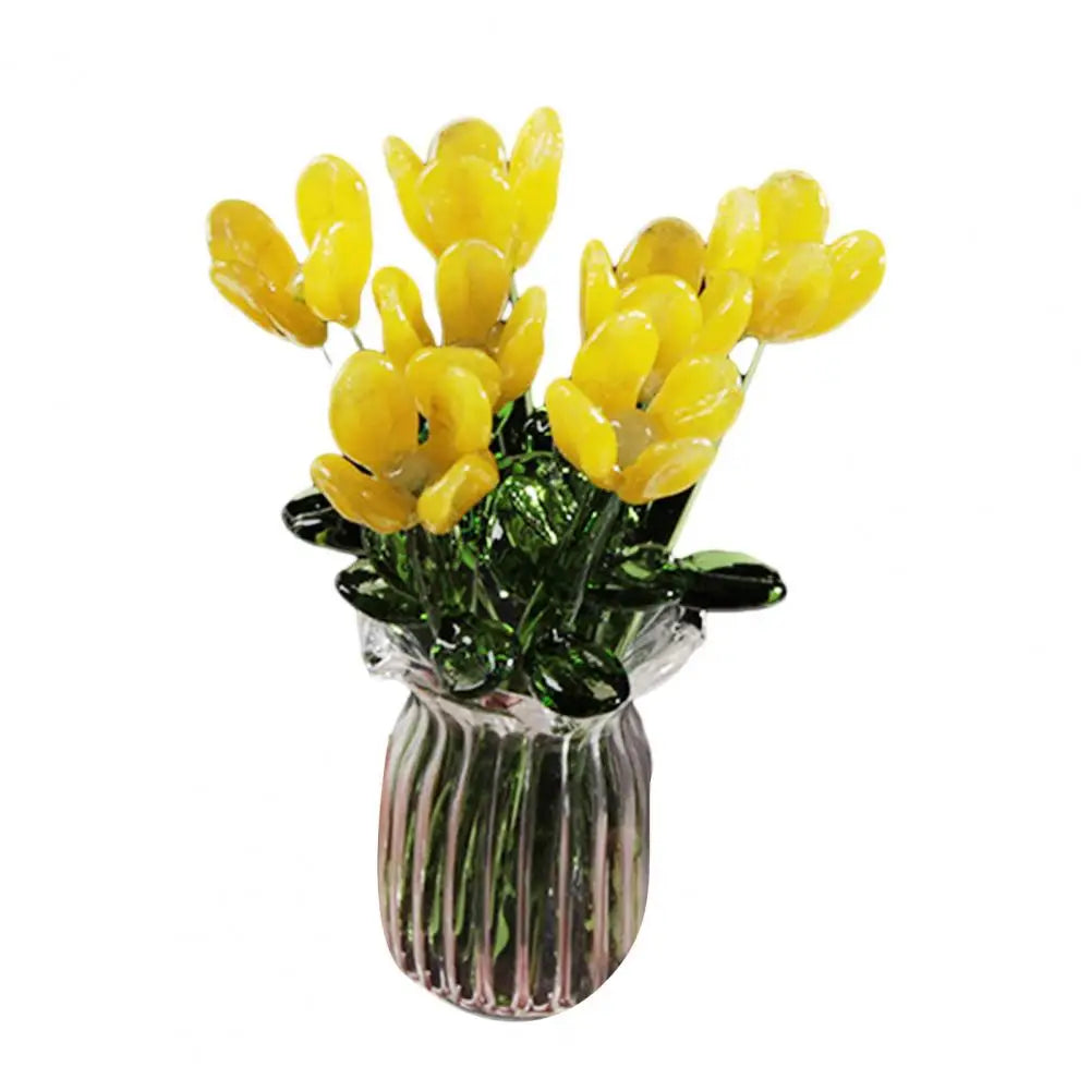 Glass Flower Decor Handcrafted Floral Sculpture Hand-blown Glass Flower Bouquet with Vase Mini Floral Decoration for Home Room Quick Pick Grocers