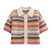 Women Patchwork Striped Hollow Out Crochet Knitted Crop Sweater Shorts Set Short Sleeve Polo Collar Sweater Knit Shorts Suit Y2K Quick Pick Grocers