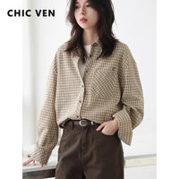 CHIC VEN Women Shirt Loose Casual Single-breasted New Retro Contrast Plaid Embroidered Blouses Female Top Autumn Winter 2025 Quick Pick Grocers