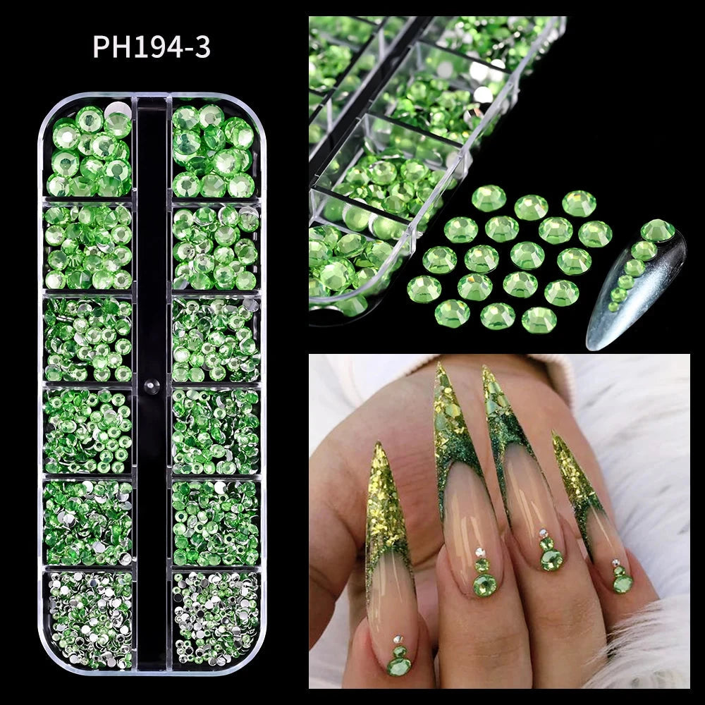 12Grids SS6-SS30 Mixed Nail Rhinestones Shiny Clear/Gold/Pink/Blue Diamond Flat-back Nail Gems Glass Stones Nails Decoration Econic Blanks