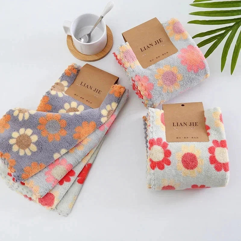 4Pcs Kitchen Cleaning Cloths Soft Absorbent Dishcloth Coral Fleece Sunflower Wiping Towel Rags Household Cleaning Cloth 30X30CM Econic Blanks