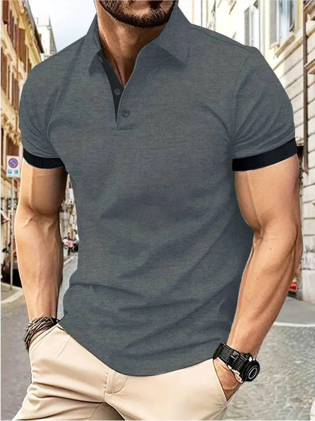 Men's short sleeve color matching fashion with men's lapel short sleeve Quick Pick Grocers
