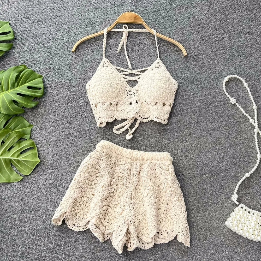 SINGREINY Knit Two Piece Sets Women Summer Vacation Backless Camisole Elastic Waist Shorts Hollow Out Y2K Beach Style Suits Quick Pick Grocers