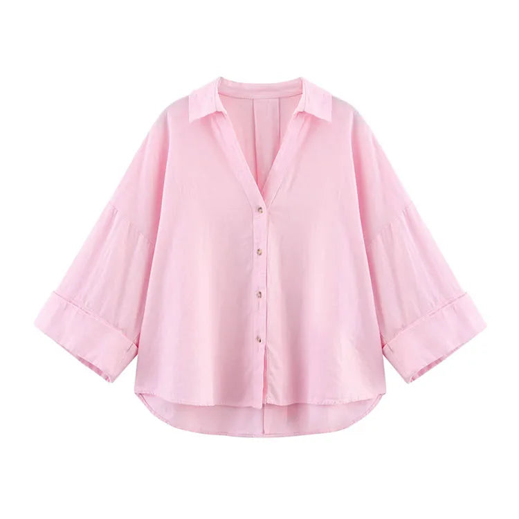 HipSeam Wide Sleeved Shirt Women Spring Asymmetric Hem Button Women's Shirts Simple Lady Johnny Collar Shirts & Blouses Quick Pick Grocers