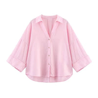 HipSeam Wide Sleeved Shirt Women Spring Asymmetric Hem Button Women's Shirts Simple Lady Johnny Collar Shirts & Blouses Quick Pick Grocers