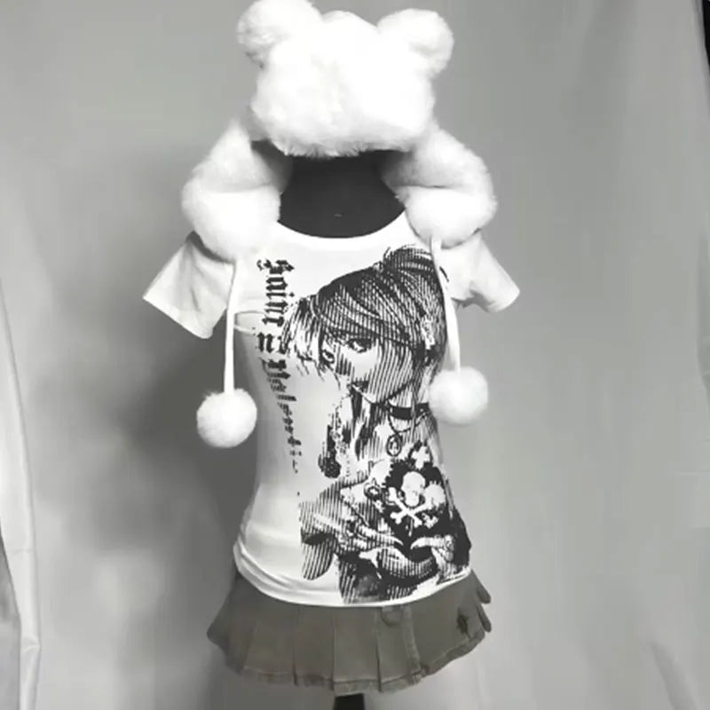 Y2k anime Streetwear O-neck 90s Text Printing Tops Women Harajuku Clothes Simple Vintage Crop Tee Aesthetic emo Casual T-shirt Quick Pick Grocers
