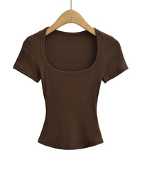 Women's Slim Fit Square Collar Crop Top High Stretch Short Sleeve Pullover Sexy Summer Blouse T-shirt for Bottoming Quick Pick Grocers