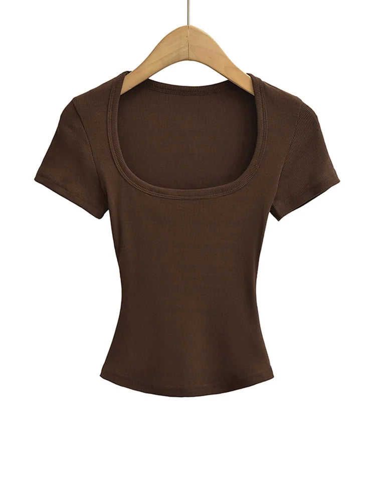 Women's Slim Fit Square Collar Crop Top High Stretch Short Sleeve Pullover Sexy Summer Blouse T-shirt for Bottoming Quick Pick Grocers