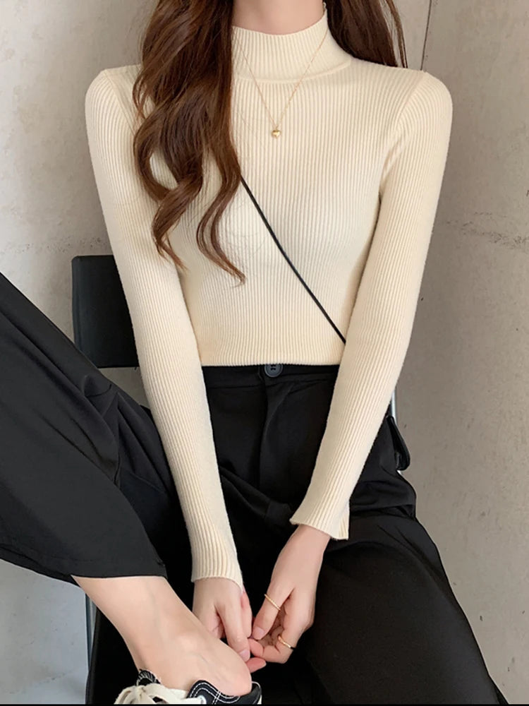 Autumn Winter Mock Neck Women Sweater Vintage Basic Solid Knitted Tops Casual Slim Pullover Korean Sweaters Simple Chic Jumpers Quick Pick Grocers