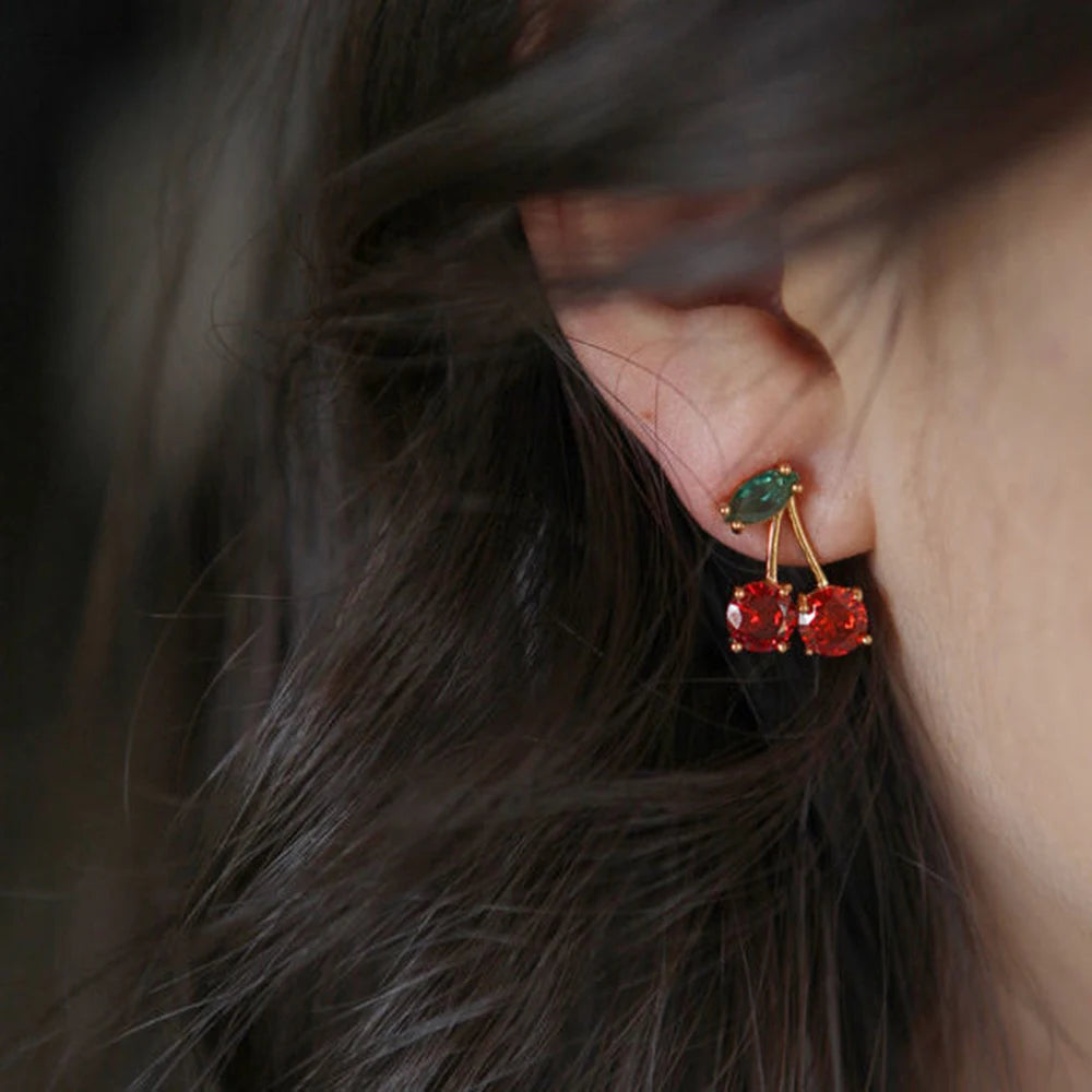 2024 Red Zircon Cherry Leaf Stud Earrings Women Piercing Jewelry For Fashion Crystal Dangle Party Prom Birthday Wedding Gifts Quick Pick Grocers