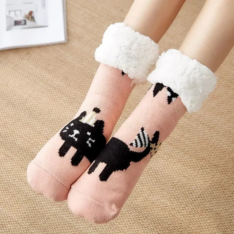 Christmas Gift Slipper Socks Women Thermal Winter Warm Plush Non slip Grip Sleeping Floor Short Sock Fuzzy Fluffy Female Cartoon Quick Pick Grocers