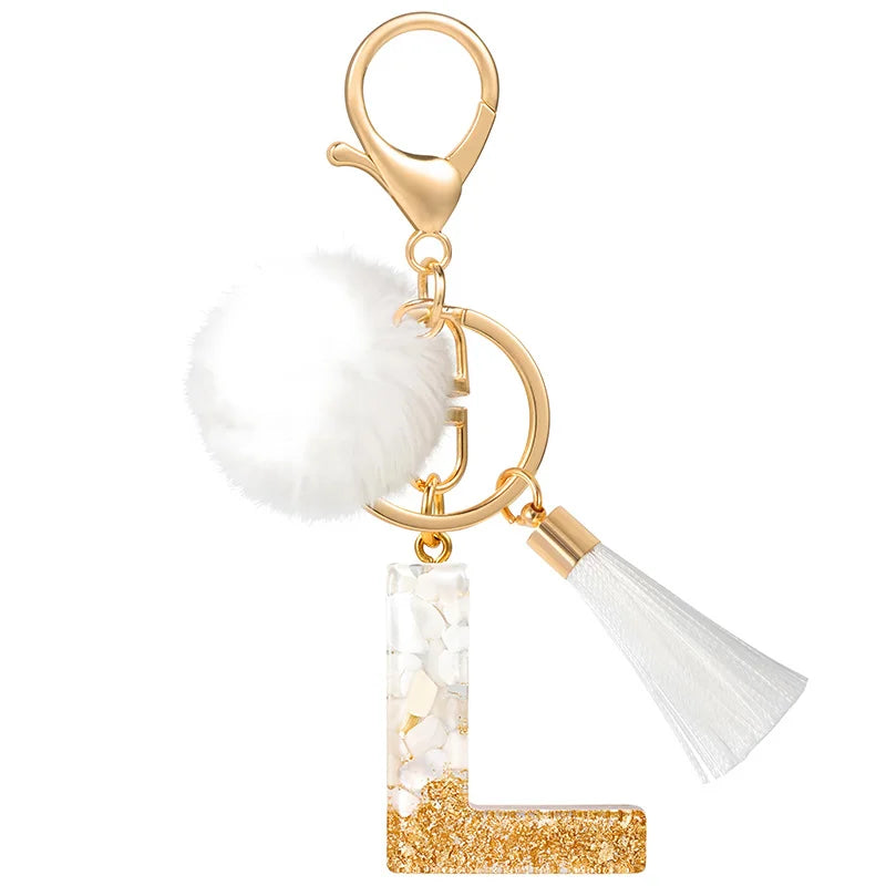 Creative Resin Initials White Fringe Fur Ball Women Keychain A-Z Letter Pendant Handbag Decor Car Key Ring Jewelry Gift Quick Pick Grocers