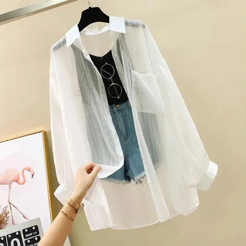 Summer Sunscreen Shirt Elegant Perspective Thin Chiffon Blouse Korean Harajuku See Through Loose Top Casual Women's Cardigan Quick Pick Grocers