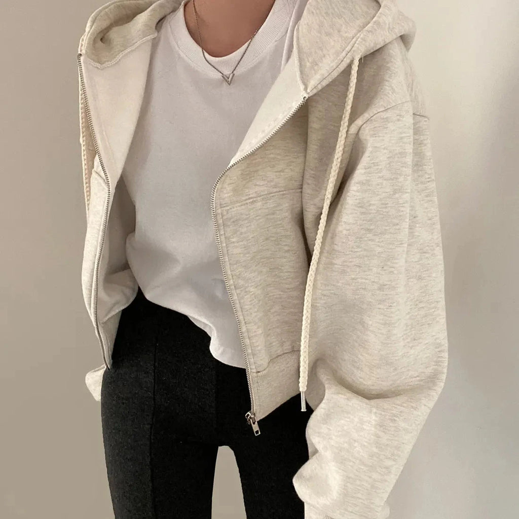 Casual Hood Sweatshirt Women Y2K Zip Up Hoodies Solid Harajuku Long Sleeve Shirt Oversized Crop Tops Female Loose Jackets Coat Econic Blanks