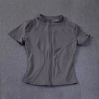 Summer High Quality Waist Slimming Training Tops Women's Quick-drying Tight Stand Collar Full Zipper Short Sleeves Yoga shirts Quick Pick Grocers