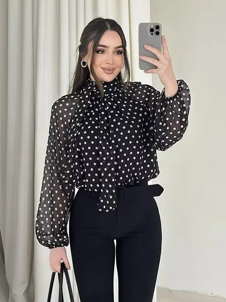 Women Polka Dot Print Blouse Casual High Collar Long Sleeve Lady Top Simple Women's Blouse Female Shirts & Blouses Quick Pick Grocers