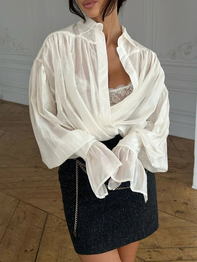 Tossy Casual Loose See-Through Shirts Women's Autumn Lapel Long Sleeve Patchwork Blouse Top Streetwear Female Solid Shirts Top Quick Pick Grocers