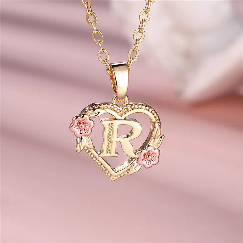 Female A-Z Letter Flower Pendant Necklace Yellow Gold Color Wedding Jewelry Gift For Women Quick Pick Grocers