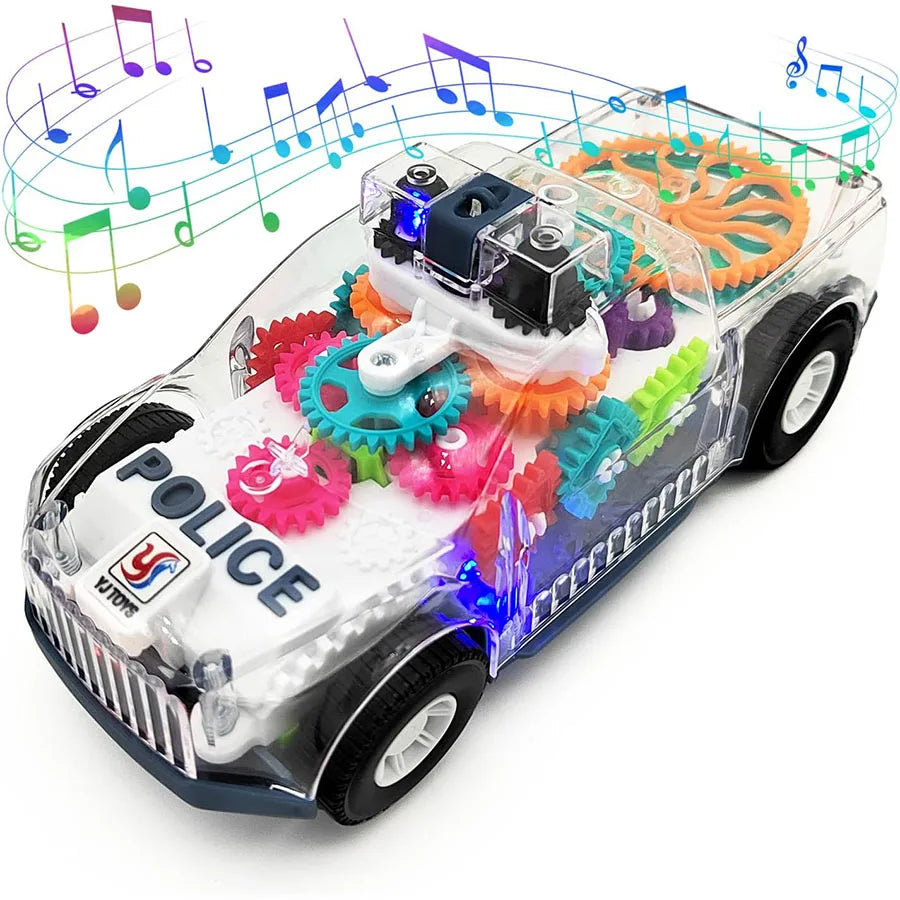 Light Up Transparent Gears Police Car Toy for Kids Bump and Go Toy Car for Boys Girl Educational Baby Toys Car Music LED Effects Quick Pick Grocers