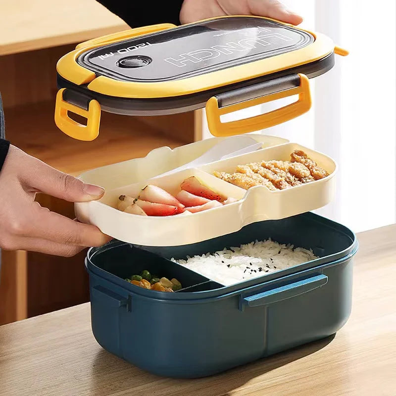 1200ML 2 Layer Bento Lunch Box With Spoon Fork, Kid High Capacity Microwae Food Containers Portable Leakproof Office Camping Quick Pick Grocers