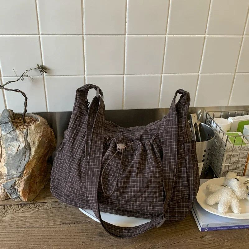 Korean Nylon Shoulder Bags Fashion Simple Plaid Zipper Tote Drawstring Pleated Cloud Bags New Commuter Crossbody Shoulder Bag Quick Pick Grocers
