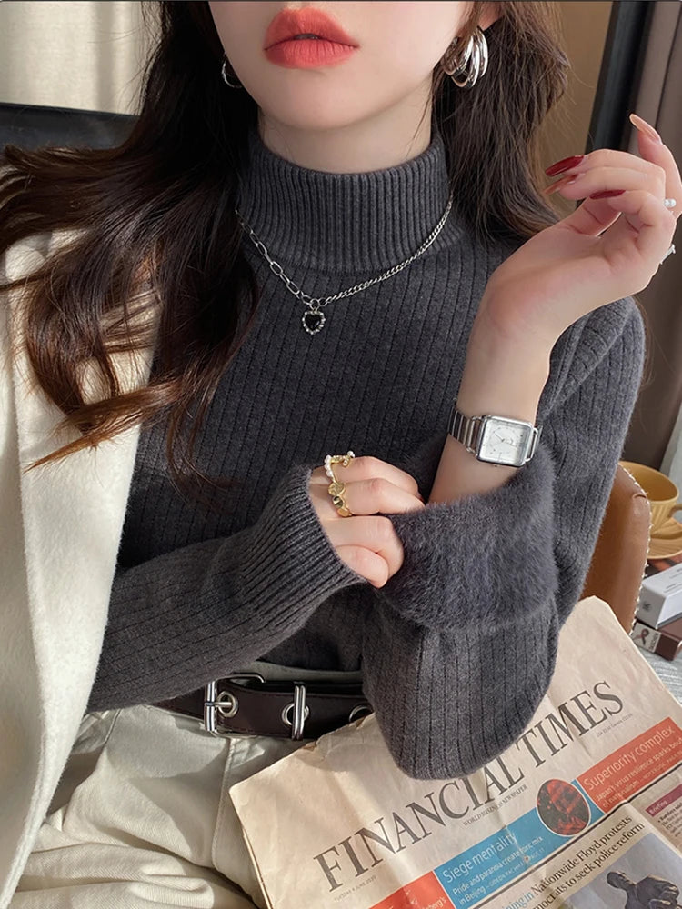 Women's Turtleneck Sweater Winter 2026 Retro with Velvet Lining Thickened Inner Wear Thermal Knitting Bottoming Shirt Pullovers Quick Pick Grocers