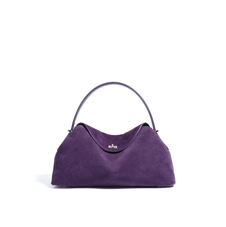 2026 Autumn Winter All-match Bowling Tote All-match Matte Suede Cowhide Leather Women Shoulder Bag Coffee Purple Noble Handbag Quick Pick Grocers