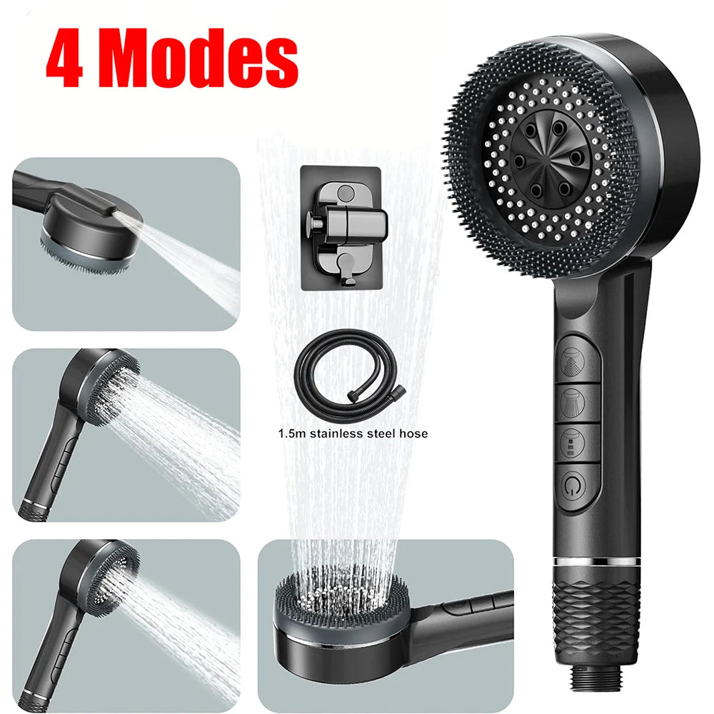 4 Modes Self-cleaning Shower Head with Silicone Brush One-Key Stop Water Massage High Pressure ABS Showerhead with Filter Quick Pick Grocers