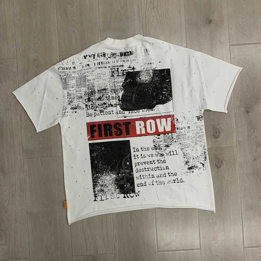 Streetwear Vintage Washed Diamond Cropped Tee for Men Crew Neck Short Sleeve Loose Cotton Rhineston Tshirts Oversized Quick Pick Grocers
